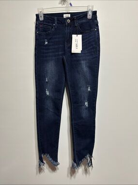 Distressed Dark Blue Ankle Skinny Jeans with Frayed Hem